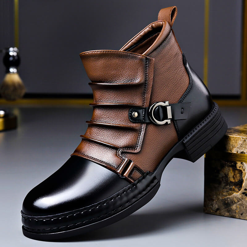Two-Tone Buckle Leather Boots