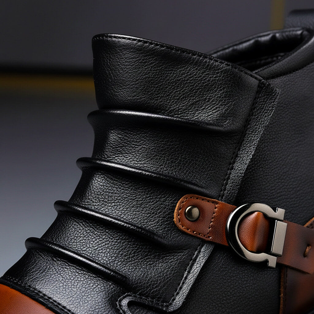 Two-Tone Buckle Leather Boots