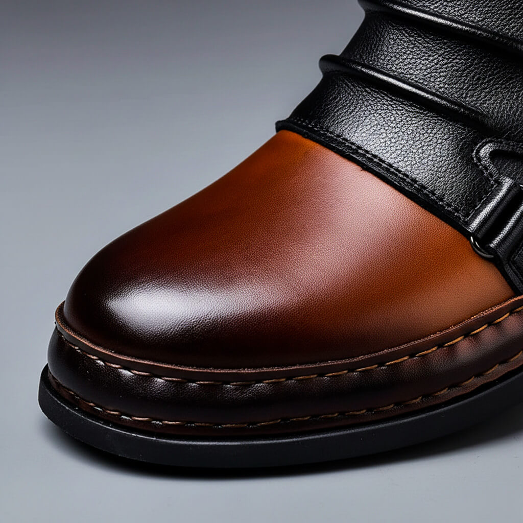 Two-Tone Buckle Leather Boots