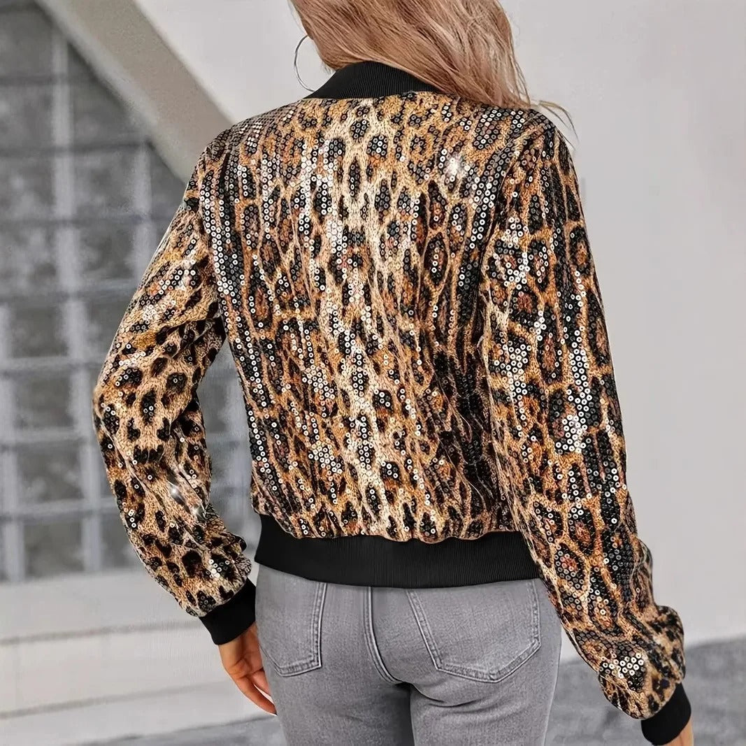 Leopard print sequin zip-up bomber jacket