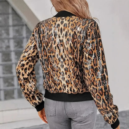 Leopard print sequin zip-up bomber jacket