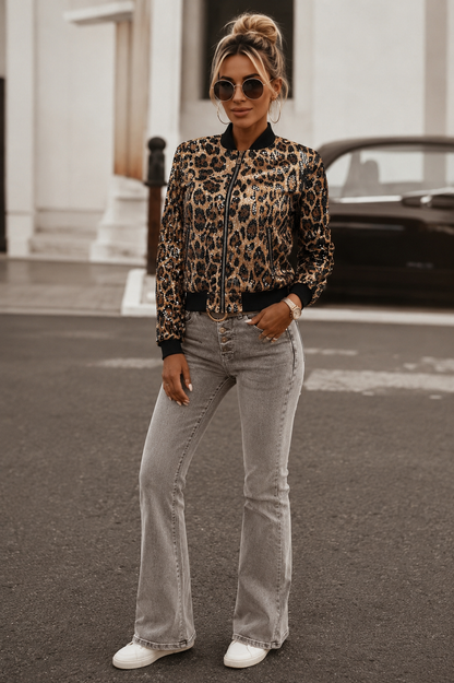 Leopard print sequin zip-up bomber jacket