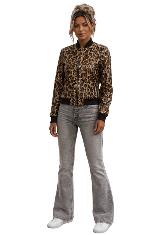 Leopard print sequin zip-up bomber jacket