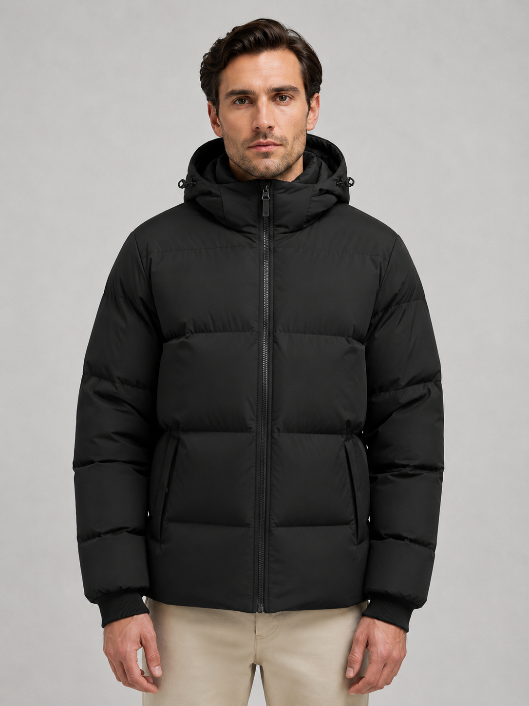 Men's Hooded Puffer Jacket with Zip Pockets and Ribbed Cuffs