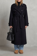 Belted Oversized Wool-Look Trench Coat with Double-Breasted Closure