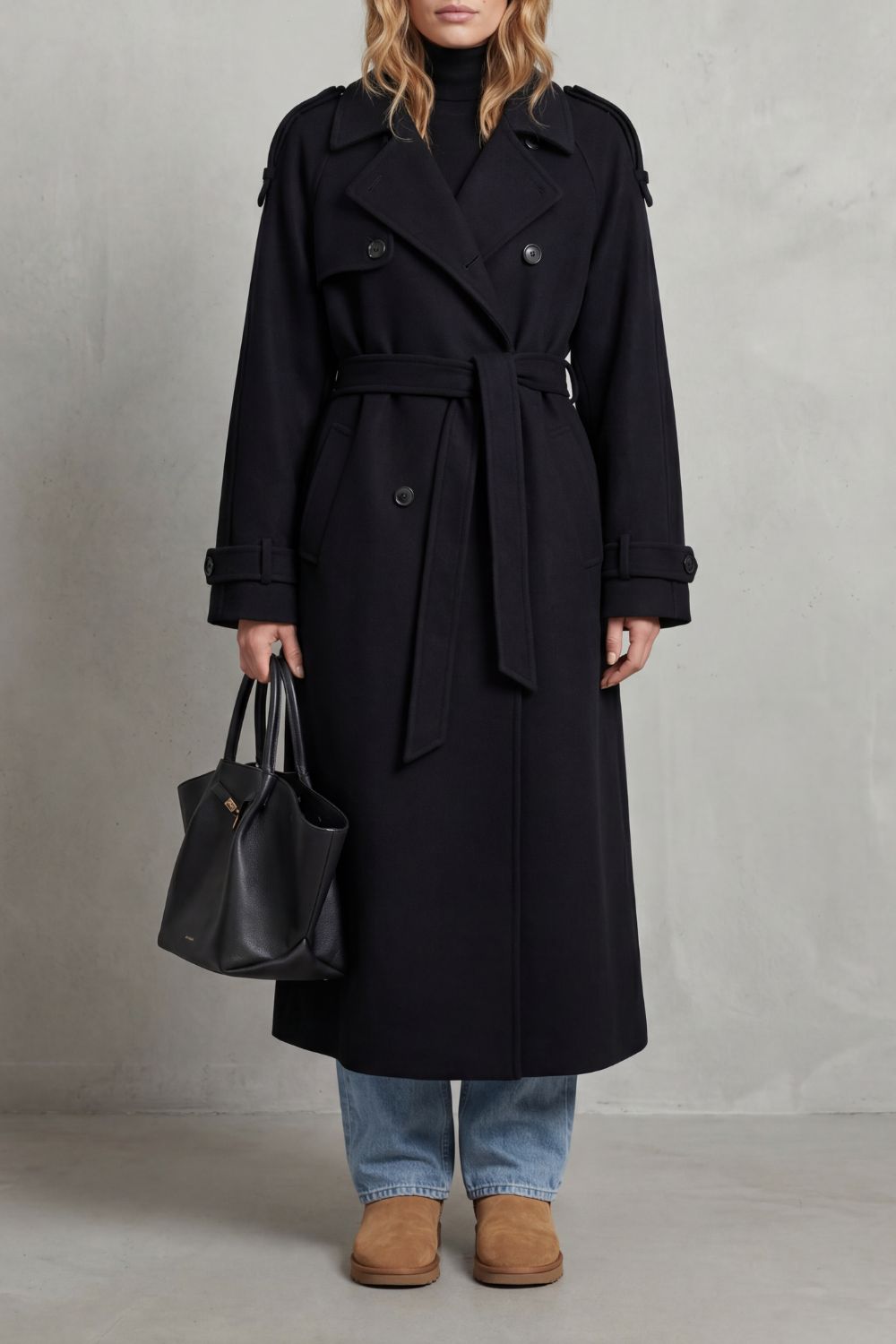 Belted Oversized Wool-Look Trench Coat with Double-Breasted Closure