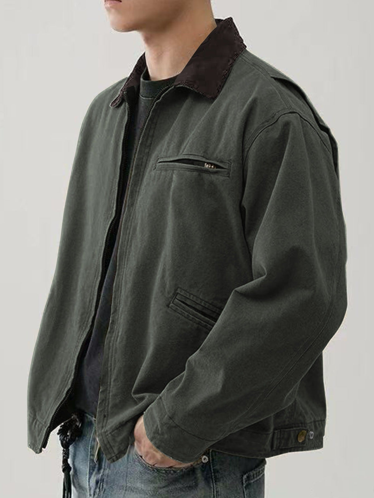 Men's Canvas Barn Jacket with Corduroy Collar and Patch Pockets