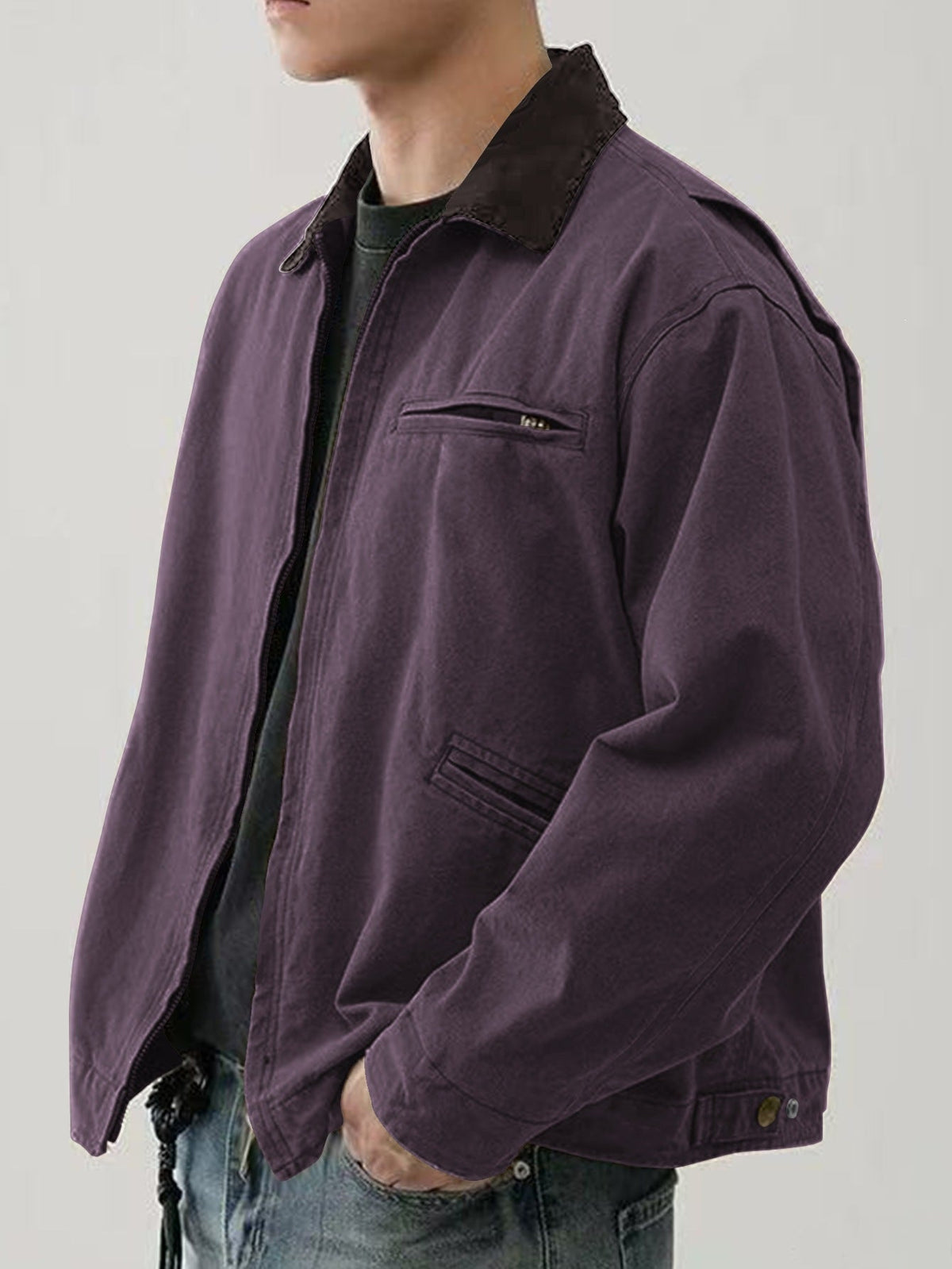 Men's Canvas Barn Jacket with Corduroy Collar and Patch Pockets