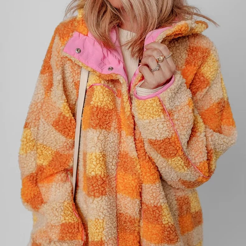 Orange checkered hooded fleece jacket with pink lining