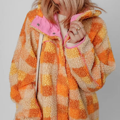 Orange checkered hooded fleece jacket with pink lining