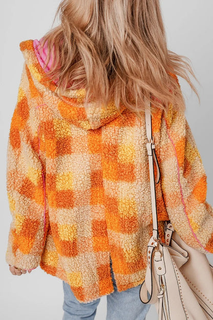 Orange checkered hooded fleece jacket with pink lining