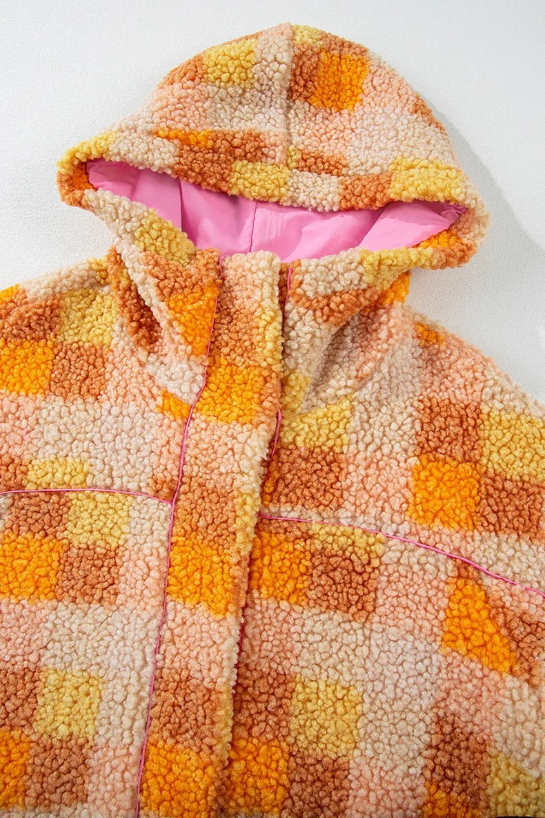 Orange checkered hooded fleece jacket with pink lining