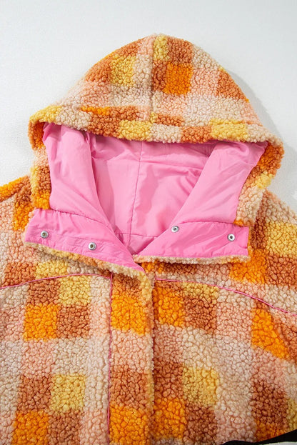 Orange checkered hooded fleece jacket with pink lining