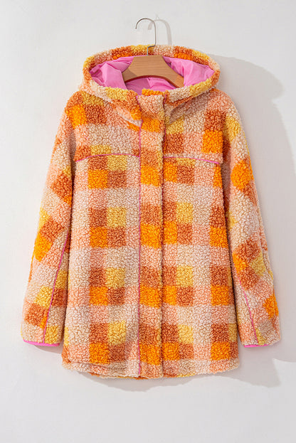 Orange checkered hooded fleece jacket with pink lining