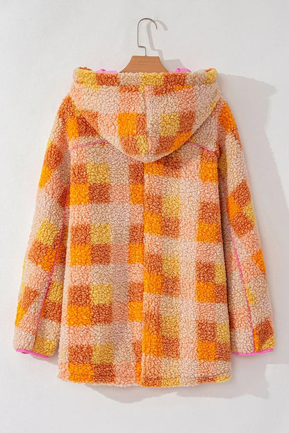 Orange checkered hooded fleece jacket with pink lining