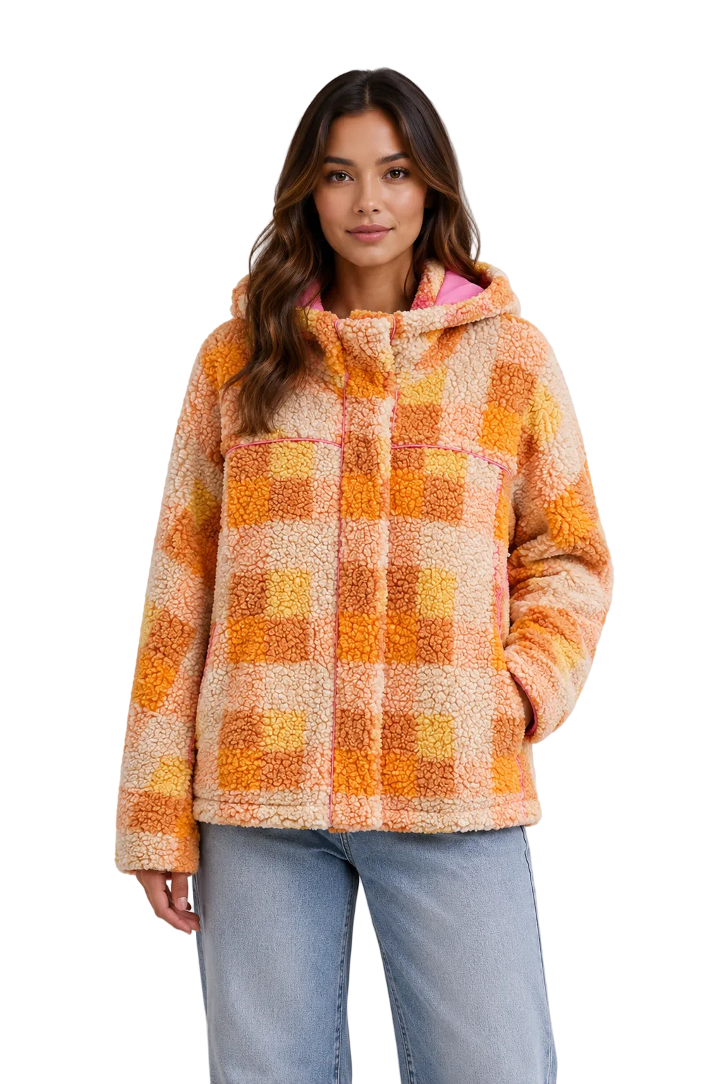 Orange checkered hooded fleece jacket with pink lining