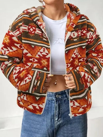 Orange patterned zip-up hooded fleece jacket