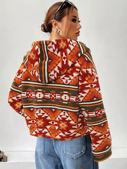 Orange patterned zip-up hooded fleece jacket