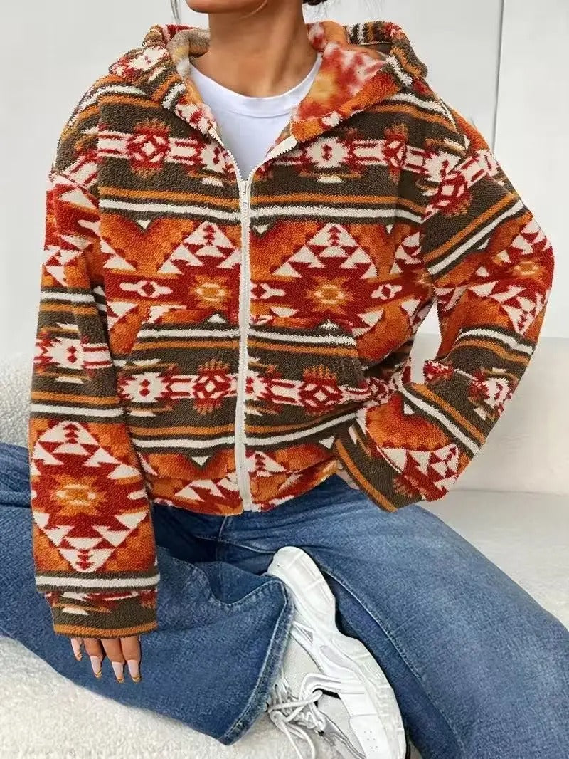 Orange patterned zip-up hooded fleece jacket