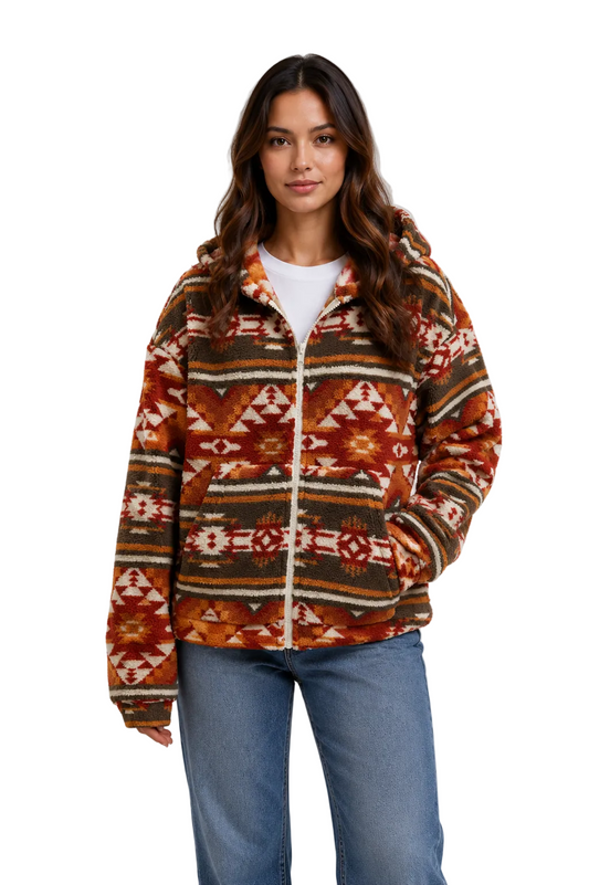 Orange patterned zip-up hooded fleece jacket