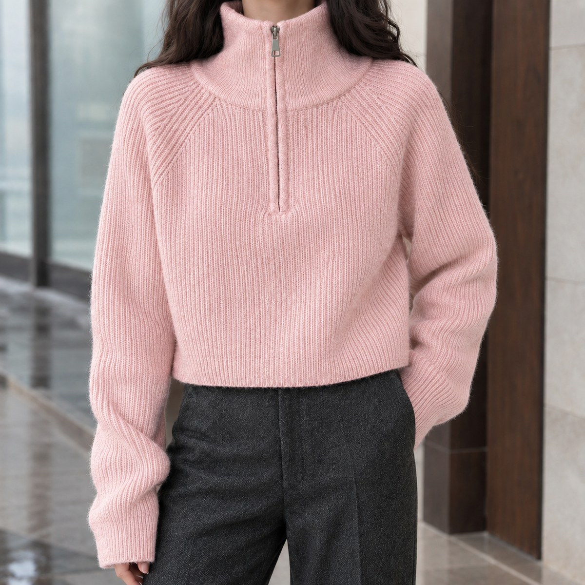 Women's Wool Half Zip Sweater Ribbed Knit