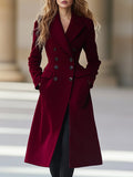 Women's Long Double-Breasted Wool Blend Winter Coat with Lapel Collar
