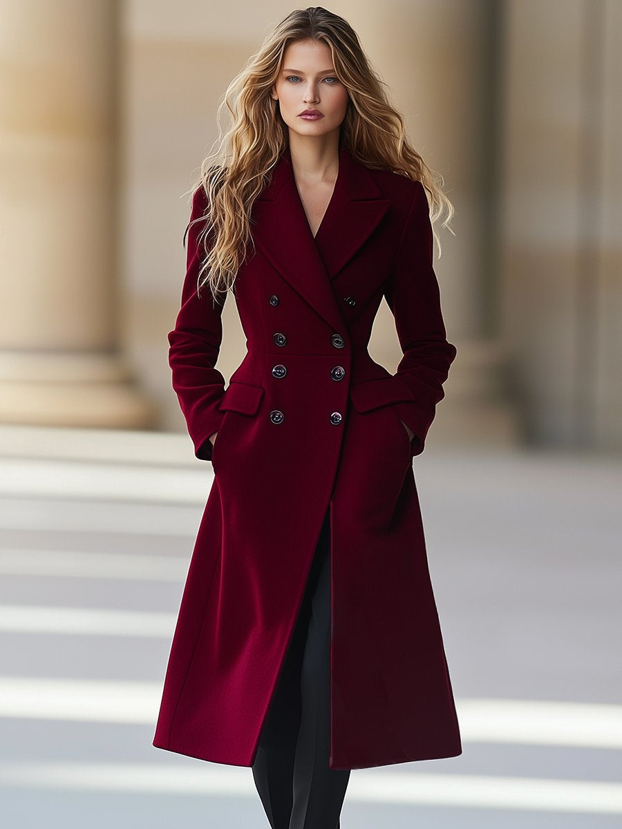 Women's Long Double-Breasted Wool Blend Winter Coat with Lapel Collar