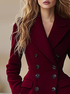 Women's Long Double-Breasted Wool Blend Winter Coat with Lapel Collar