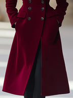 Women's Long Double-Breasted Wool Blend Winter Coat with Lapel Collar
