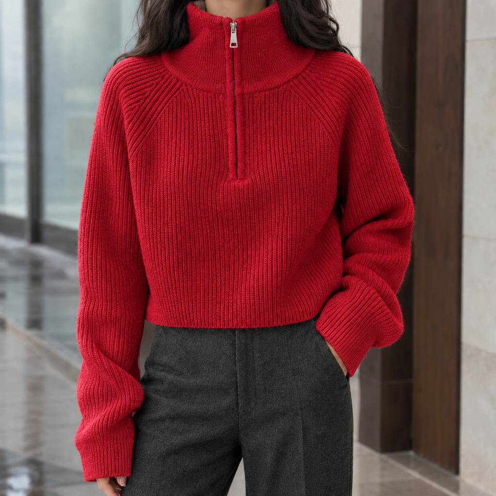 Women's Wool Half Zip Sweater Ribbed Knit