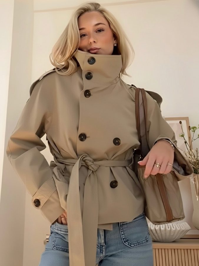 Women's Short Double-Breasted Trench Coat with Belt