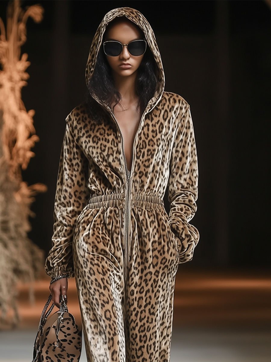 Women's Velvet Hooded Jumpsuit Leopard Print