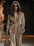 Women's Velvet Hooded Jumpsuit Leopard Print