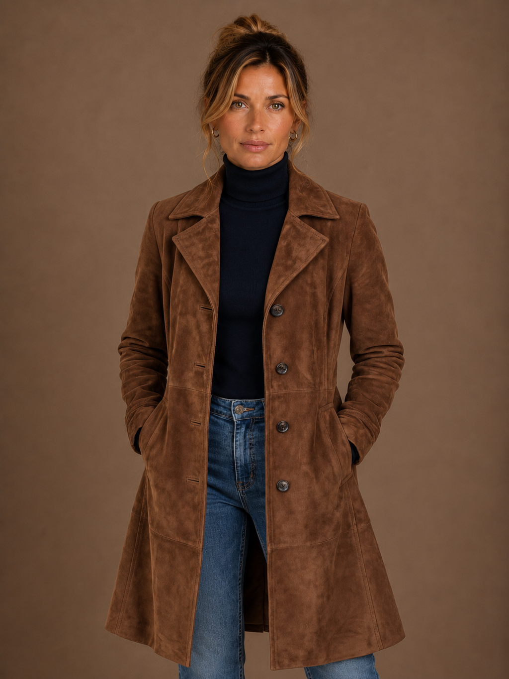 Women's Vintage Suede Longline Coat - Long Button Up Trench Jacket