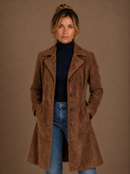 Women's Vintage Suede Longline Coat - Long Button Up Trench Jacket