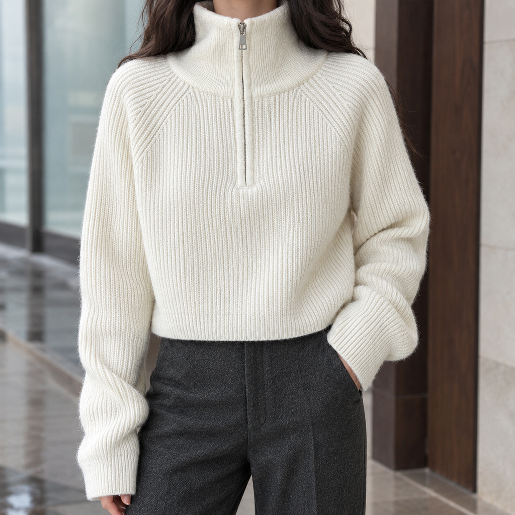 Women's Wool Half Zip Sweater Ribbed Knit