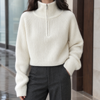 Women's Wool Half Zip Sweater Ribbed Knit