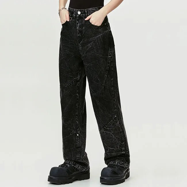 Wide-Leg Black Jeans with Textured Wash Effect