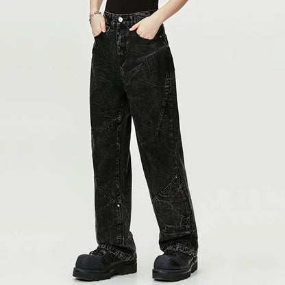 Wide-Leg Black Jeans with Textured Wash Effect