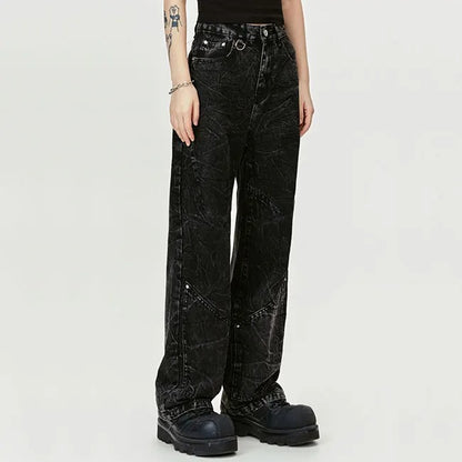 Wide-Leg Black Jeans with Textured Wash Effect