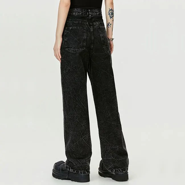 Wide-Leg Black Jeans with Textured Wash Effect