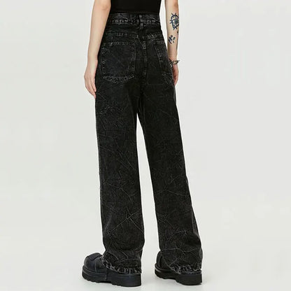 Wide-Leg Black Jeans with Textured Wash Effect
