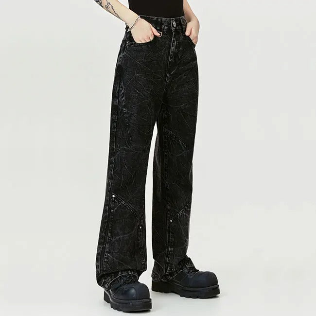 Wide-Leg Black Jeans with Textured Wash Effect
