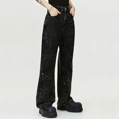 Wide-Leg Black Jeans with Textured Wash Effect