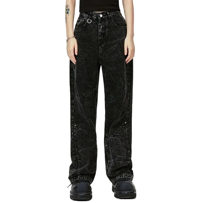 Wide-Leg Black Jeans with Textured Wash Effect