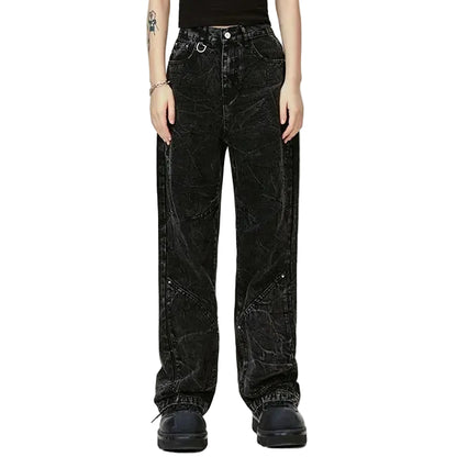 Wide-Leg Black Jeans with Textured Wash Effect