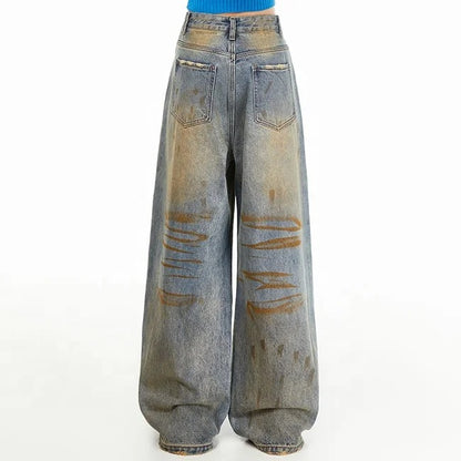 Wide-Leg Blue Jeans with Brown Wash Effect