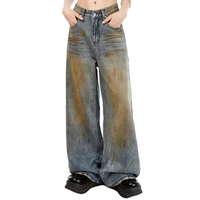 Wide-Leg Blue Jeans with Brown Wash Effect