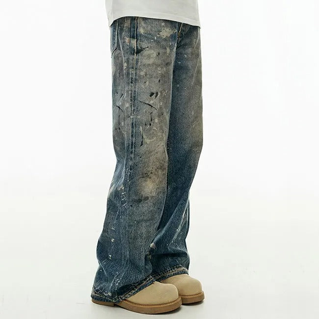 Wide-Leg Distressed Blue Jeans with Paint Splatter Effect
