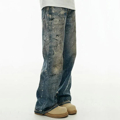 Wide-Leg Distressed Blue Jeans with Paint Splatter Effect